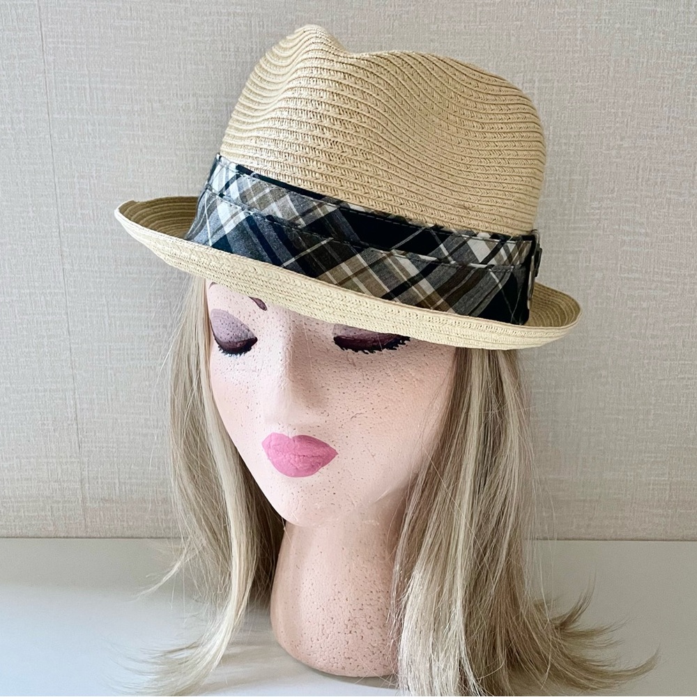 Mark Ecko Men’s Paper Straw Fedora, Navy Plaid Fabric Hat Band, size 23 …